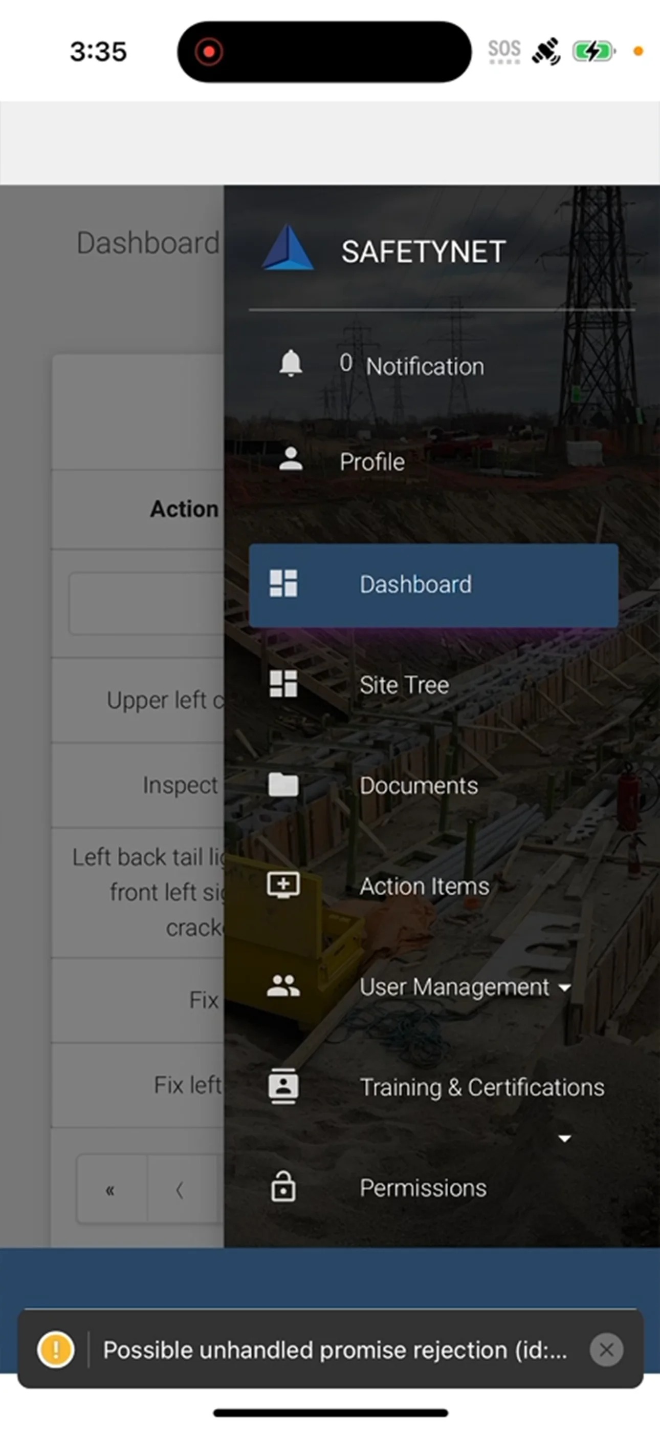 Amico Safetynet mobile dashboard and navigation