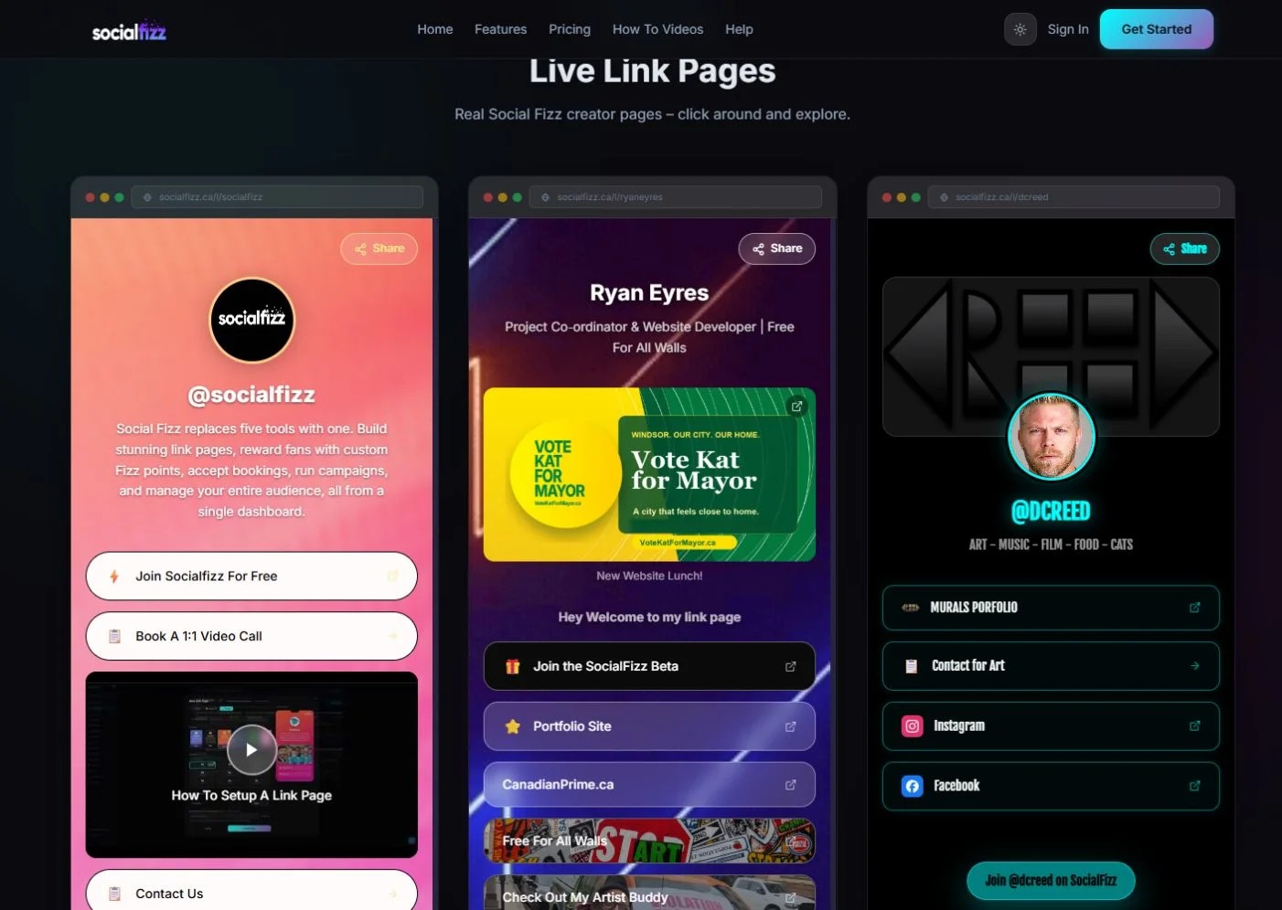 Live creator link pages built with Social Fizz