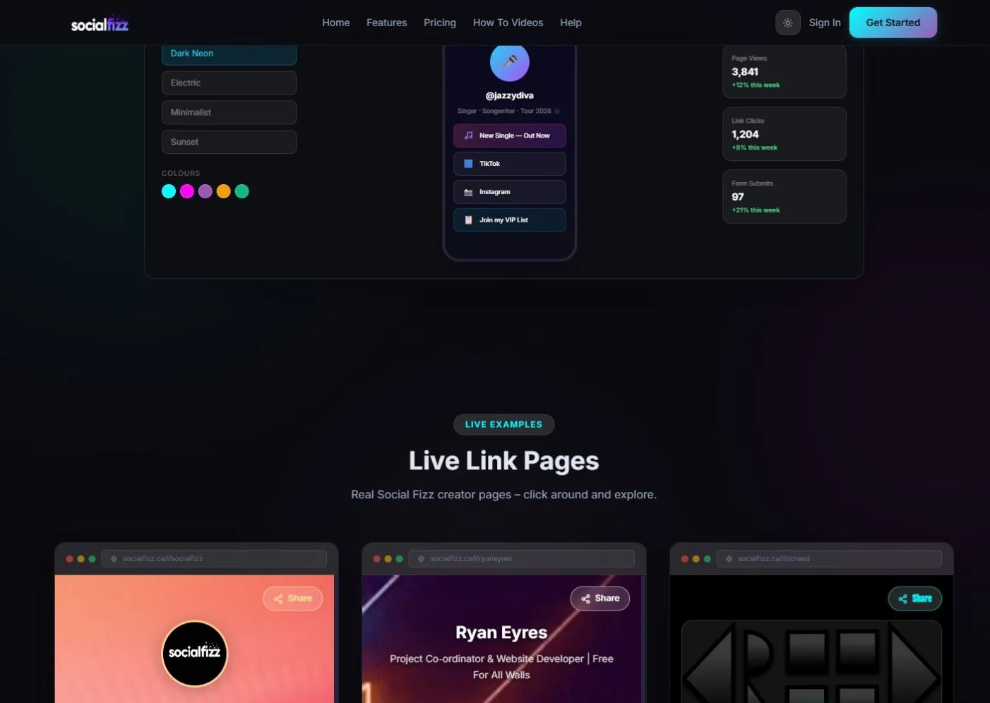 Social Fizz link page editor and live creator pages